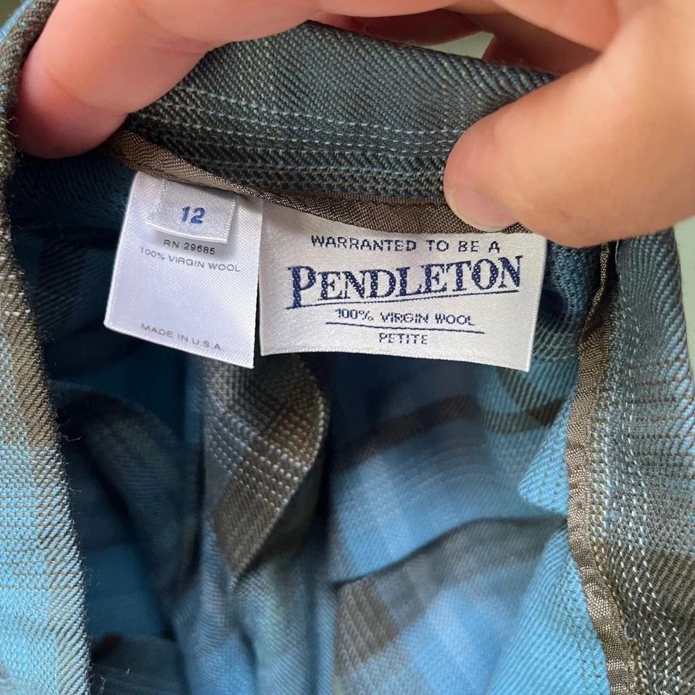 Pendleton Blue Brown Plaid Wool Pleated Midi Skirt Womens 12 Petite Made in USA